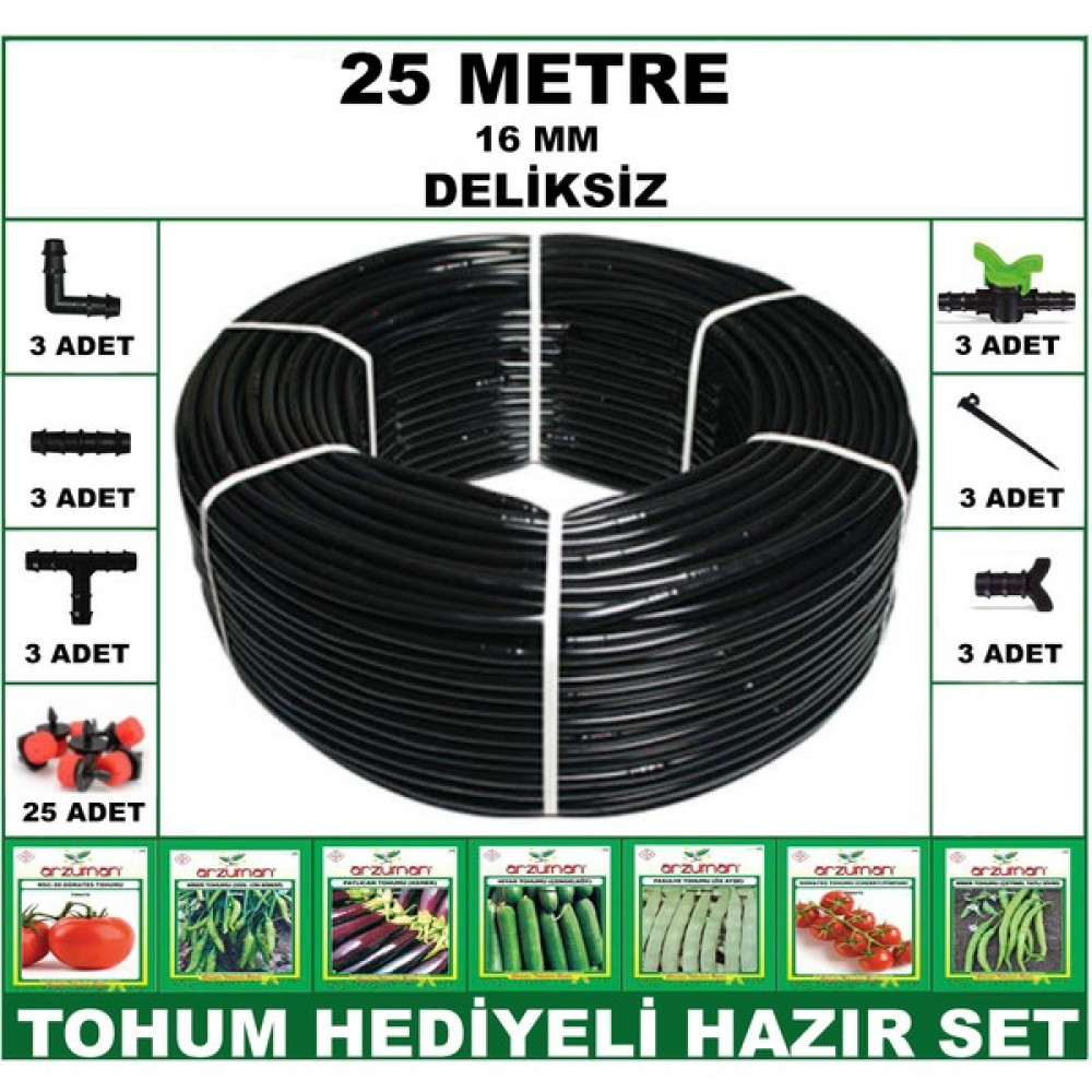 25 Metre Deliksiz Hazır Set Damla Sulama Hortumu + Tohum Bahçe Malzemeleri Fiyatı