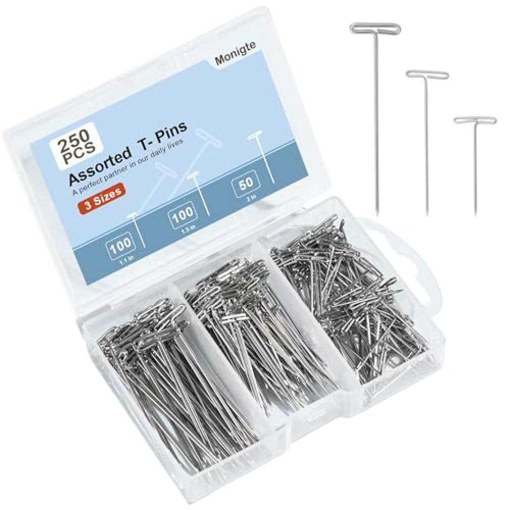 250Pcs T Pins, 1inch /1.5inch/ 2 inch T-Pins,Stainless Steel T Pins for Wigs, Blocking Pins, Wig Pins for Foam Head,Sewing Pins, Craft, Quilting and Blocking Knitting,T Pins for Office Wall Sewing Machine Accessories Fiyatı