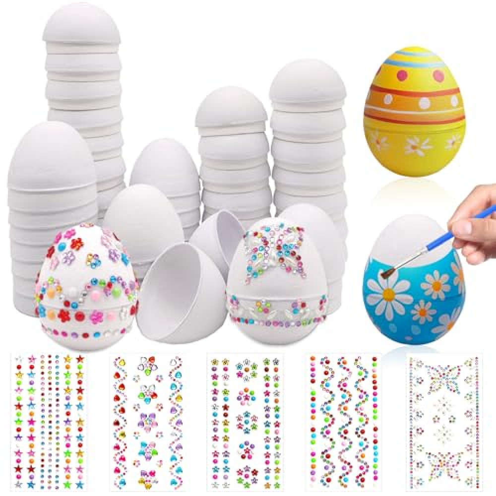 25Pcs Paper Easter Eggs DIY White Paper Mache Easter Eggs Easter Basket Stuffers Fillers DIY Unfinished Blank Paper Easter Eggs with 5 Sheets Gem Stickers for Easter DIY Craft Ornaments