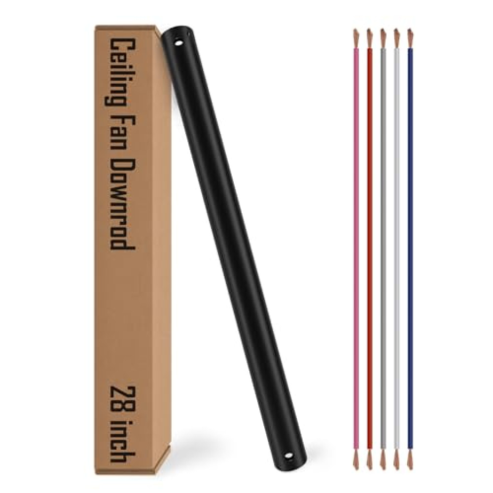 28 inch Ceiling Fan Downrod, Black Downrod for Ceiling Fans with lights, Extension Downrod with Wires, 1 inch Outside Diameter, Ceiling Fans and Accessories Replacement Parts, No Threaded, Black