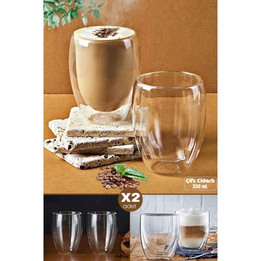 2li Çift Cidarlı Cam Bardak 350 ml Çay Fincanı Kahve Sunum Bardağı Isıya Dayanıklı Kupa Bardak Seti - 2 Adet Fincan / Bardak / Kahve Takımı Fiyatı