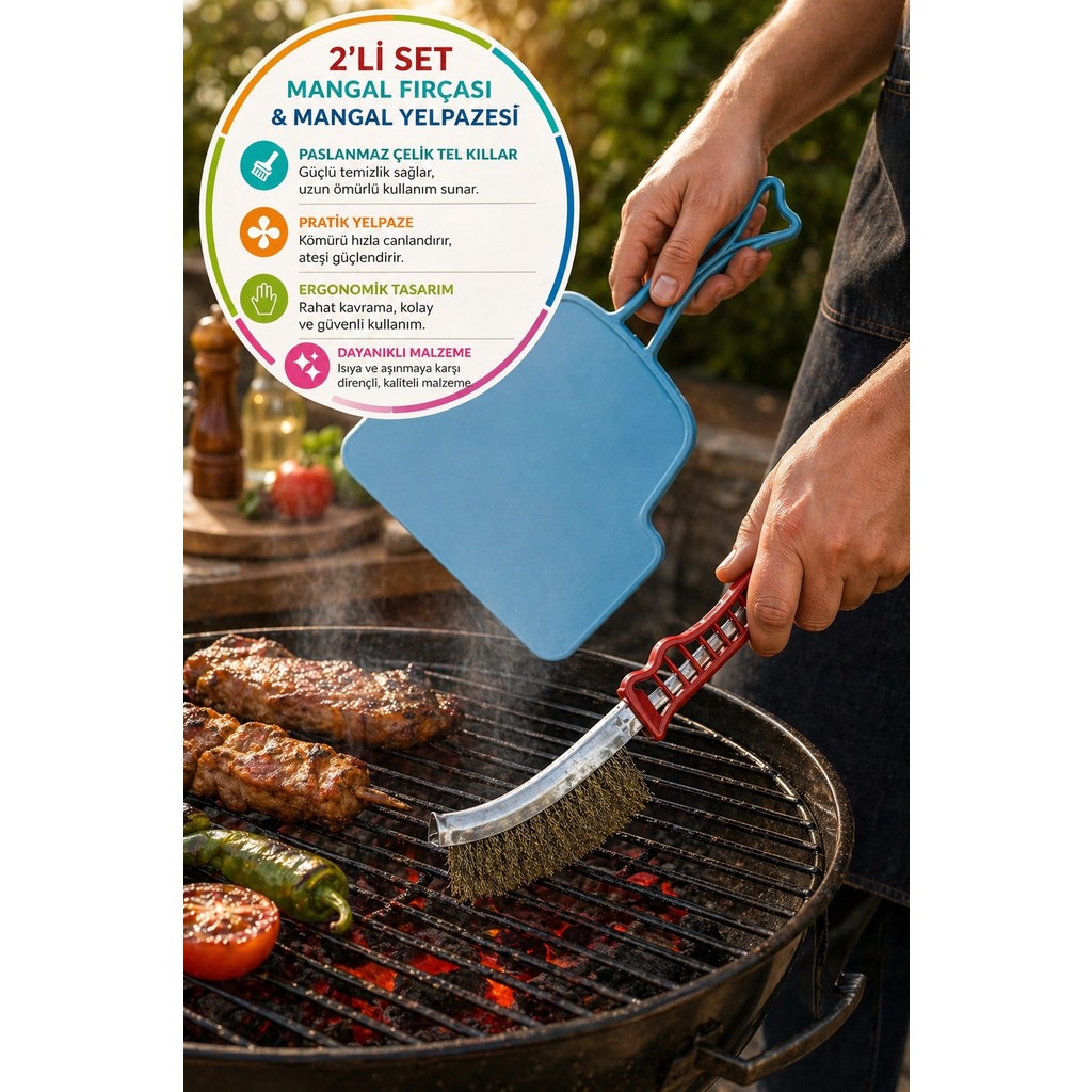 2’li Mangal Seti Izgara Temizleme Fırçası Tel + Yelpaze Kömür Üfleme Barbekü Aksesuarı - Antrasit - 1 Adet Diğer Fiyatı
