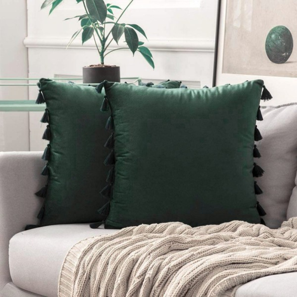 2'li Paket Kadife Yumuşak Katı Dekoratif Kırlent Kılıfı Püsküllü Saçak Boho Vurgulu Yastık Kılıfı Kanepe Çekyat (20 x 20 Inç, Ordu Yeşili) (Yurt Dı... Yastık Kılıfı Fiyatı