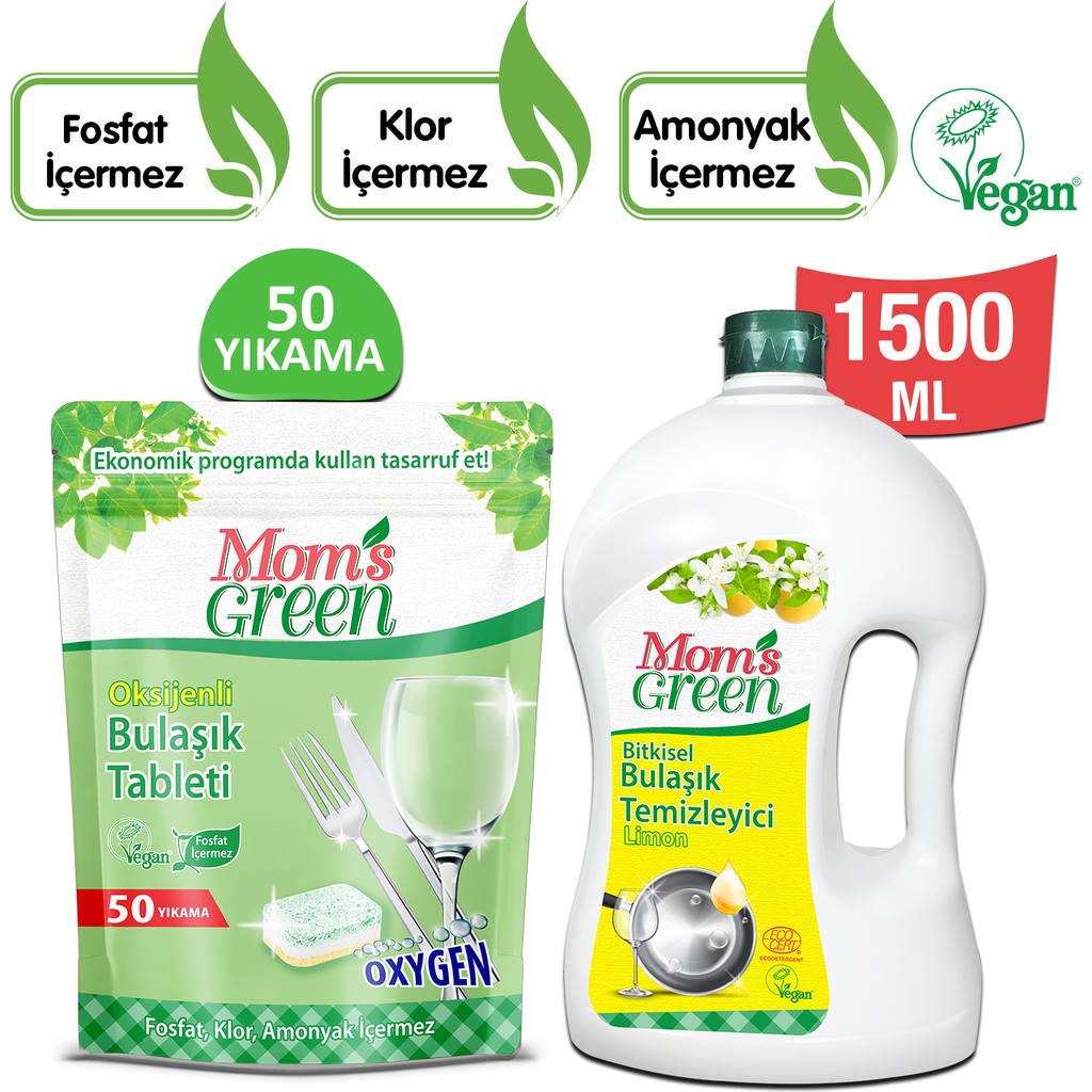 2'li Set Mom's Green 50'li Oksijenli Ekolojik Bulaşık Makinesi Tableti -1500 ml Bitkisel Elde Bulaşık Temizleyici Limon Bulaşık Makineleri Fiyatı