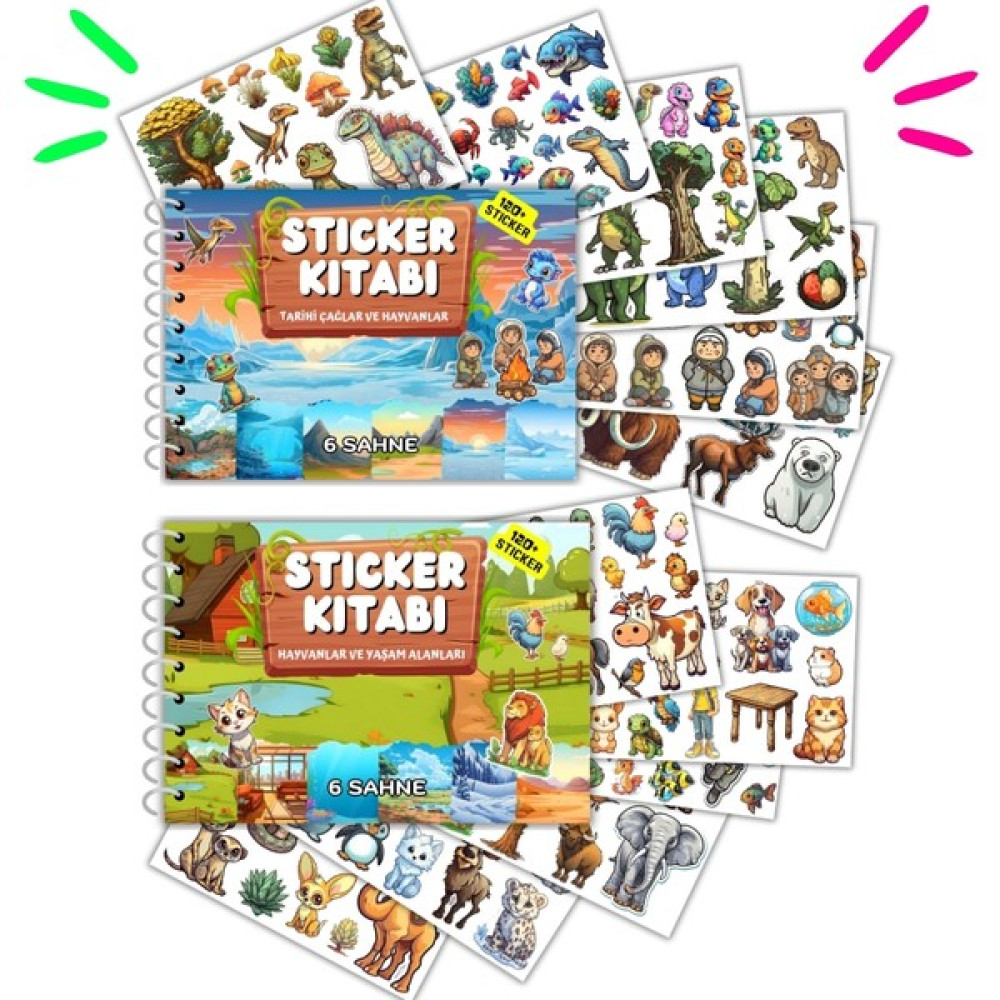 2'li Set Tekrar Kullanılabilir Sticker Kitabı - Hayvanlar ve Yaşam Alanları - Çağlar ve Hayvanlar Okul Öncesi Eğitici & Öğretici Kitaplar Fiyatı
