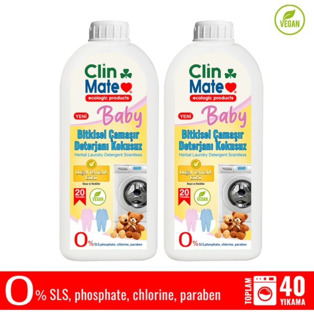 2'li Set Yeni Clinmate Ekolojik Baby Bitkisel Bebek Çamaşır Deterjanı Kokusuz 750 ml 40 Yk - 1,5 lt Çamaşır Yıkama Fiyatı