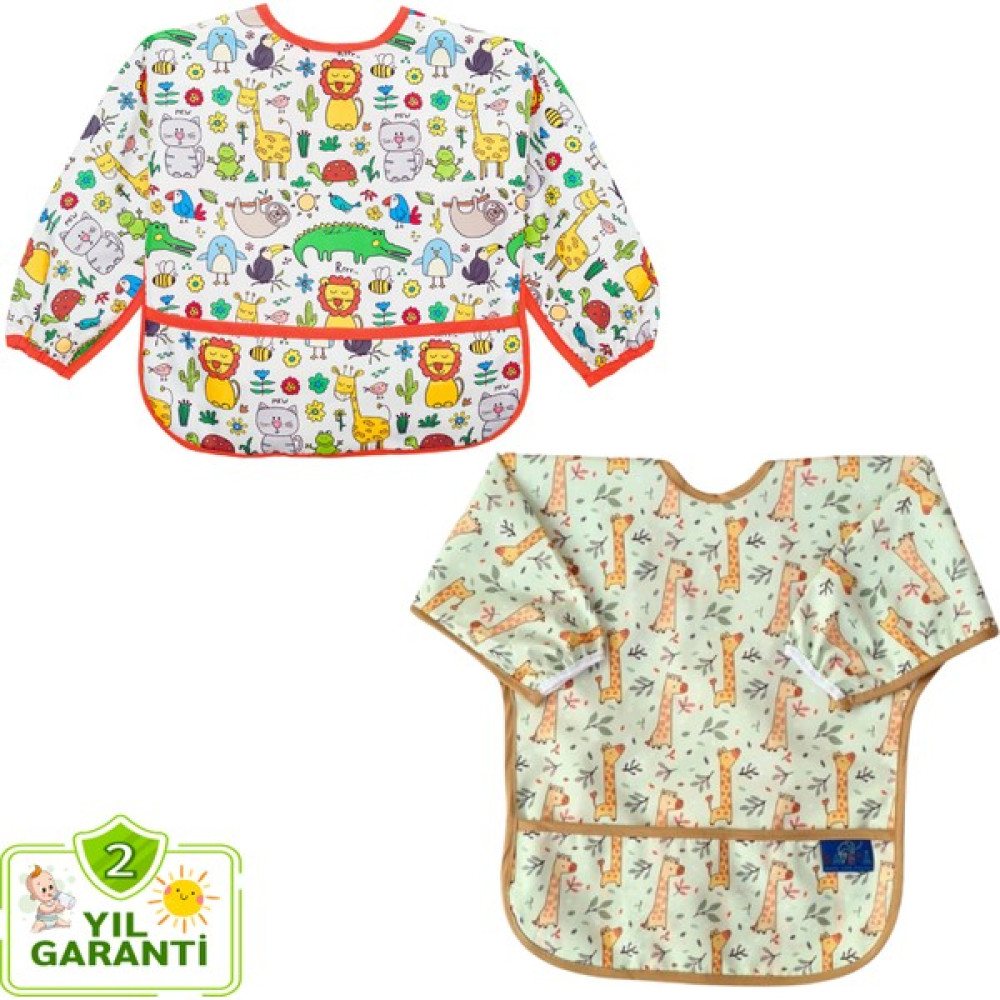 2'li Uzun Kollu Bebek Mama Önlüğü Mutlu Hayvanlar - (Renk Solma ve Su Geçirmezlik Garantili) - 6 - 24 Ay - Desenli Mama Önlüğü Fiyatı