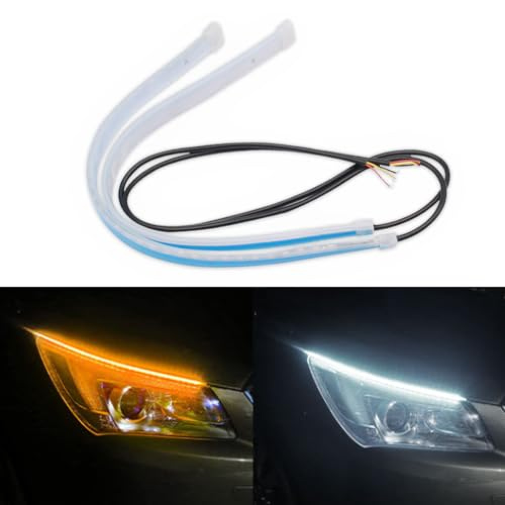 2PCS 24 Inch Car LED Strip Lights, Waterproof Car Daytime Running Light Strip, Flexible DRL Dual Color Sequentially Flow Turn Signal Strip Light, LED Headlight Strip for Car Truck SUV (White/Yellow)