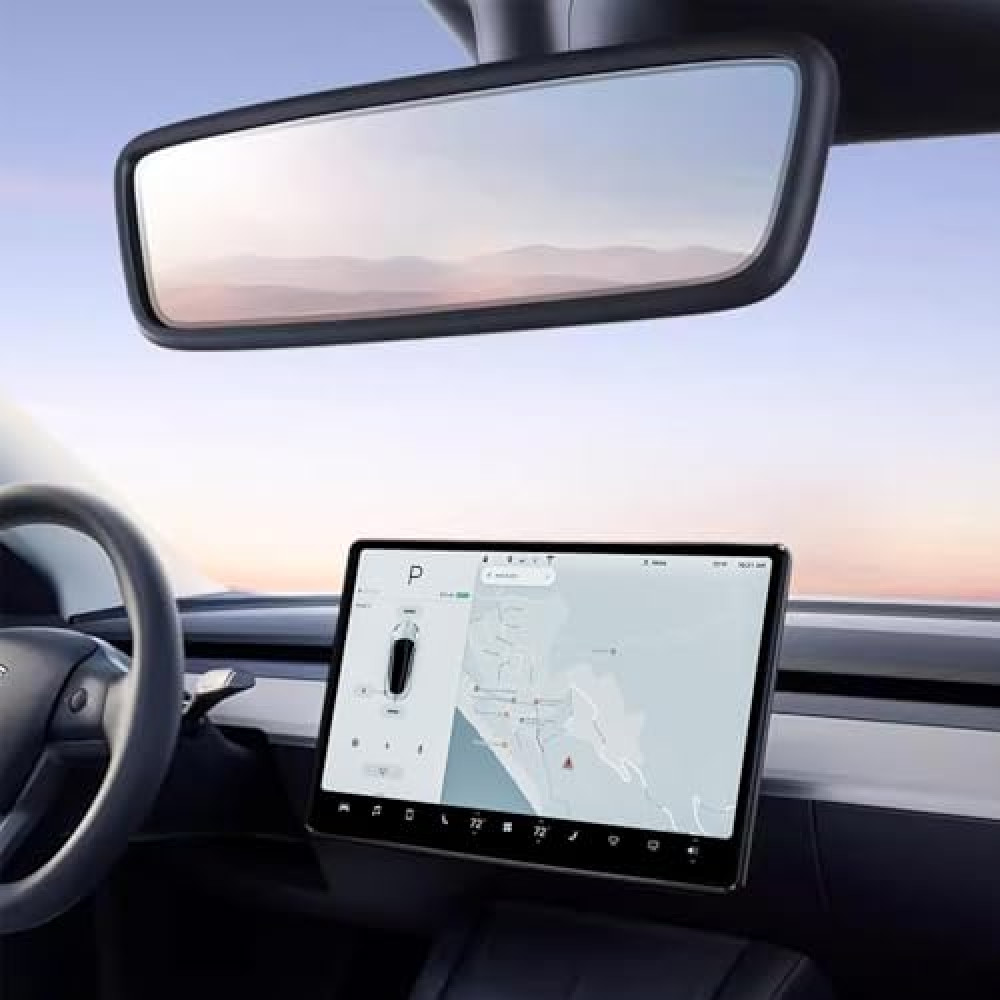 2PCS Protector Trim Frame Compatible with Tesla Model 3 Y 2019-2024 2025 Screen Edge Frame Rearview Mirror Cover Interior Silicone Decorations Center Console Decor Highland Juniper Accessories (Black)