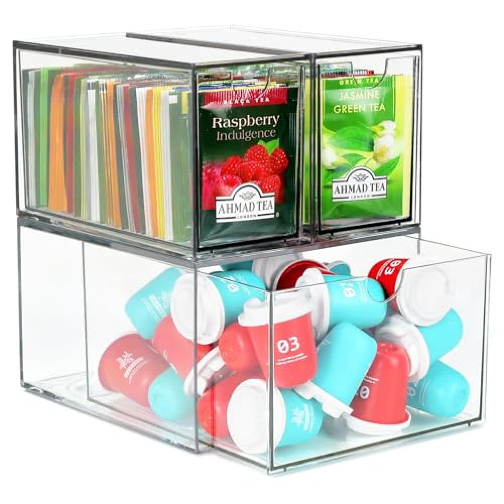 3 Acrylic Coffee Pod Holder Drawer, Stackable K Cup and Tea Bag Organizer, Tea Bag Storage Organizer for Kitchen Organizers and Storage, Multi-Functional Kitchen Organizer, Home Organizer (Clear)