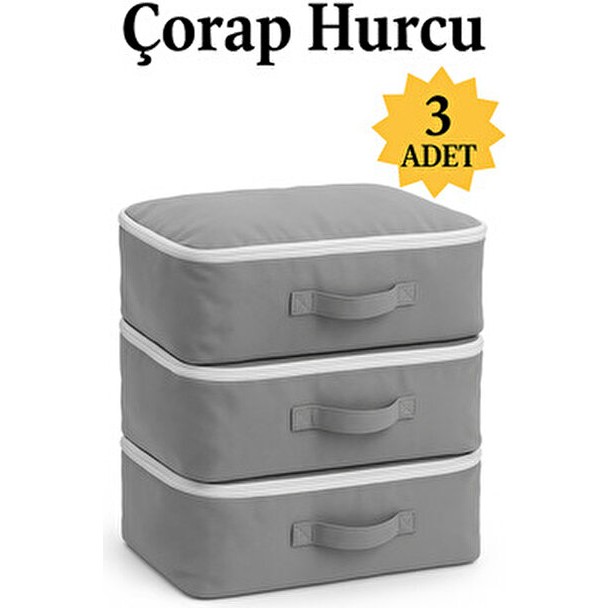 (3 Adet) Çorap Hurcu Gri Kumaş Organizer Fermuarlı Saklama Hurcu Çekmece Içi Düzenleyici 29X24X17CM - 3 Adet Diğer Fiyatı
