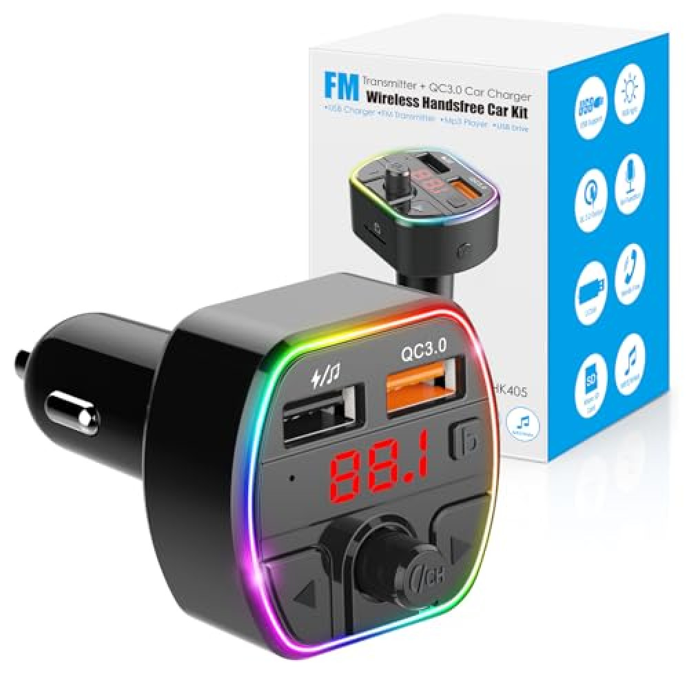 3 IN 1 Bluetooth FM Transmitter for Car, Bluetooth Car Adapter Transmitter with Memory Function, Bluetooth Radio Transmitter for Car Mp3 Bass Player, Bluetooth FM Transmitter HandsFree, 2 USB, TF Card