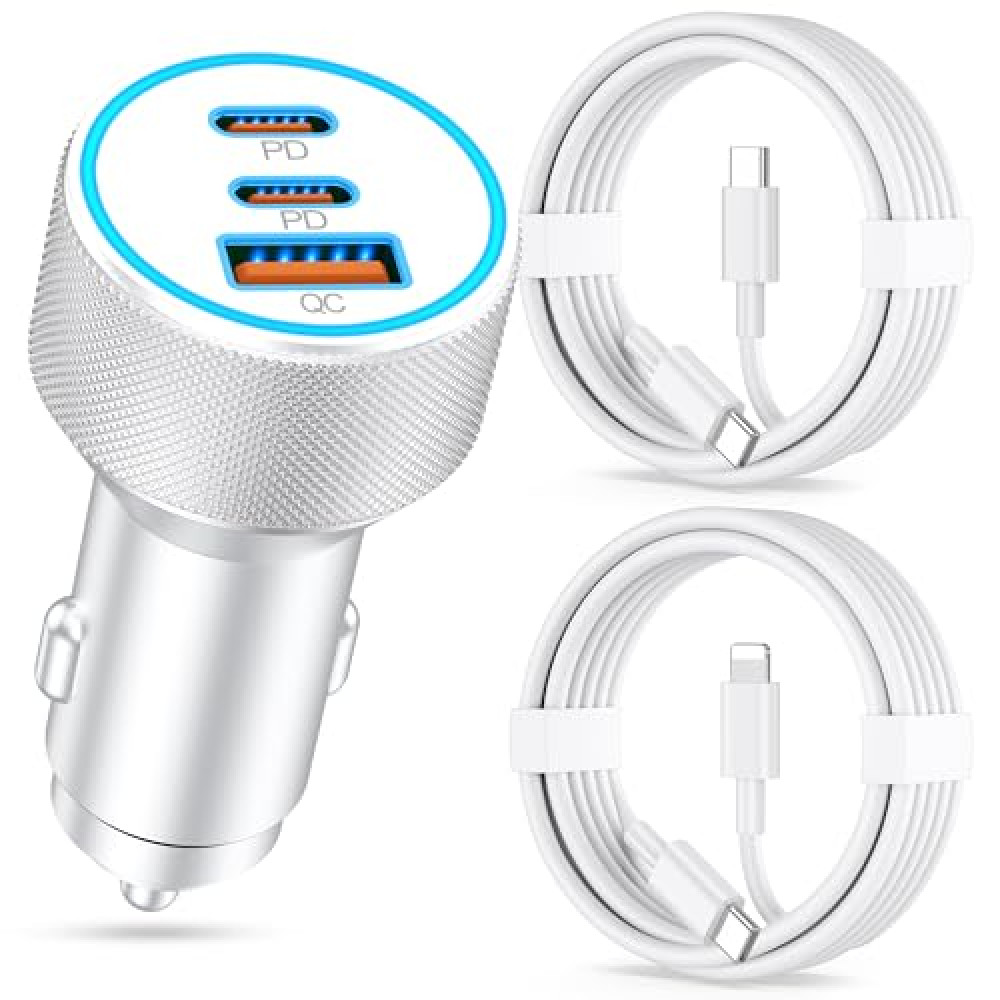 [3 in 1] iPhone Car Charger Fast Charging, 3-Port 67W Dual USB C & USB A Car Charger Power Adapter with 2Pack USB-C Cable&Lightning Cable for iPhone 16/16 Pro Max/15/15 Pro Max/Plus/14/13/12/11, iPad
