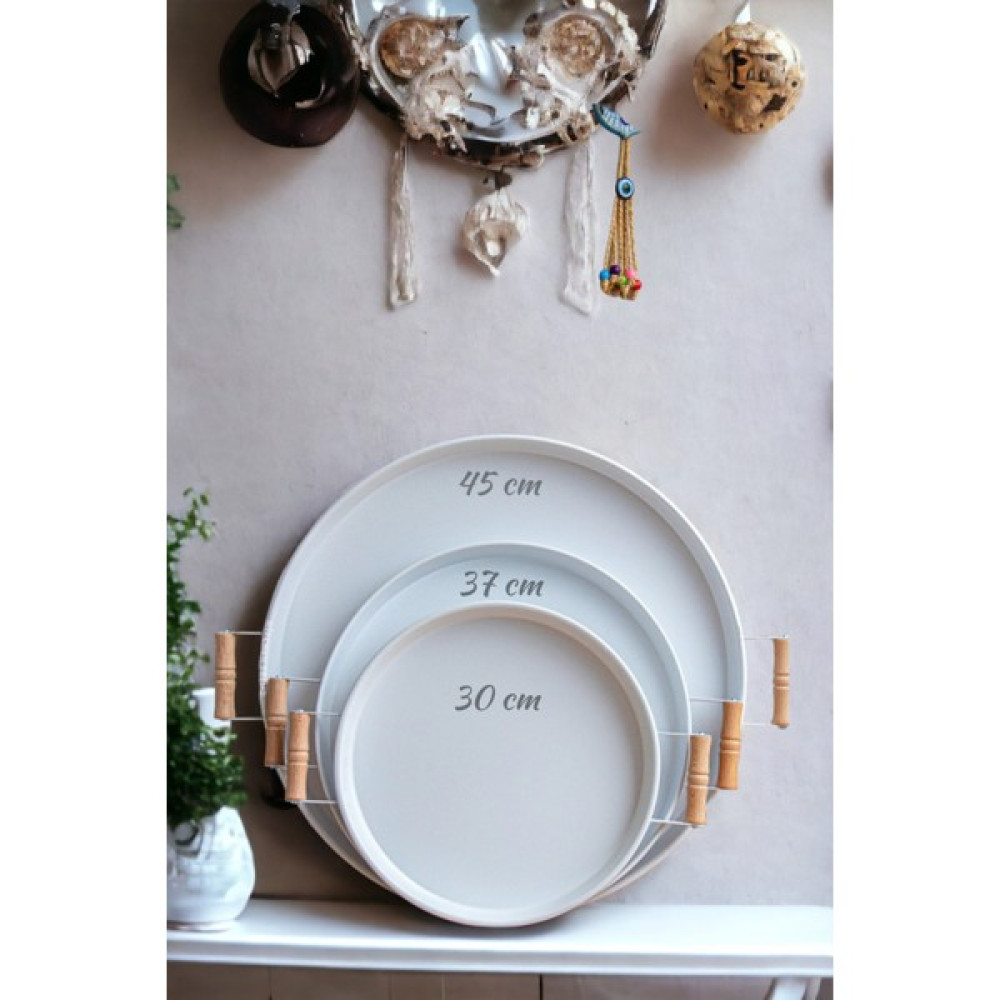3 Lü Beyaz (45, 37, 30 Cm) Ahşap Kulplu Metal Tepsi Çay Tepsisi Sunum Servis Tepsi Seti Servis Tepsisi Fiyatı