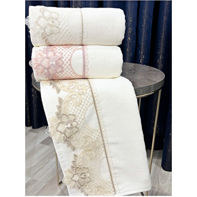 3 Lü Kadife Lüks Fransız Güpürlü Çeyizlik 50X90 El ve Yüz Havlusu - Bej - 50 x 90 cm El / Yüz Havlusu Fiyatı
