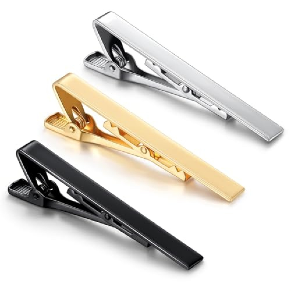 3 Pack Men's Tie Clips Long Styles Tie Bar Clip Set Square Edges Tie Tack Pins - Gold, Silver, Black，Perfect for Weddings, Business, and Daily Wear | Premium Copper Tie Bar Set， Business Clips.