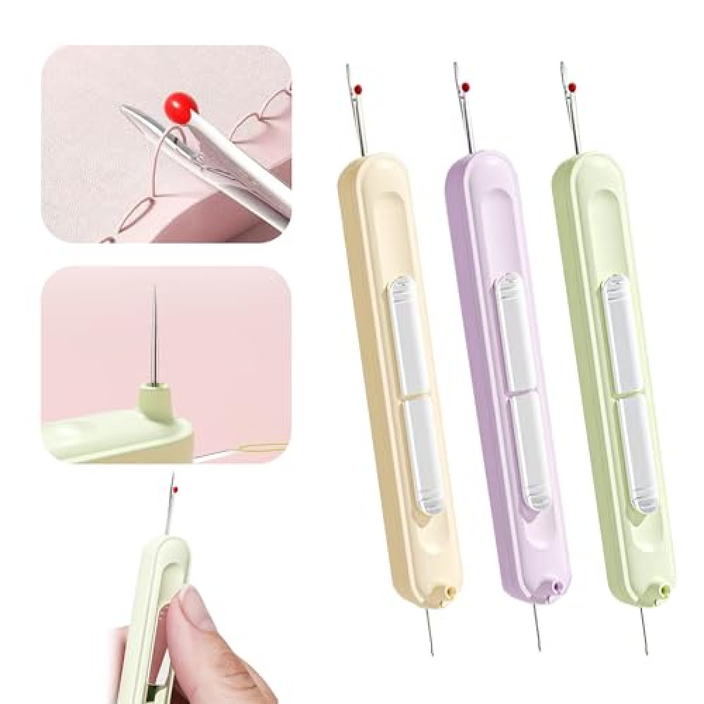 3 Pack Needle Threader, 2025 Upgraded Plug-in 2 in 1 Needle Threader Seam Ripper Tool, Stretchable Remover Tool for Hand Sewing, Knitting, Cross Stitch, Embroidery, Thread Removal (3color)