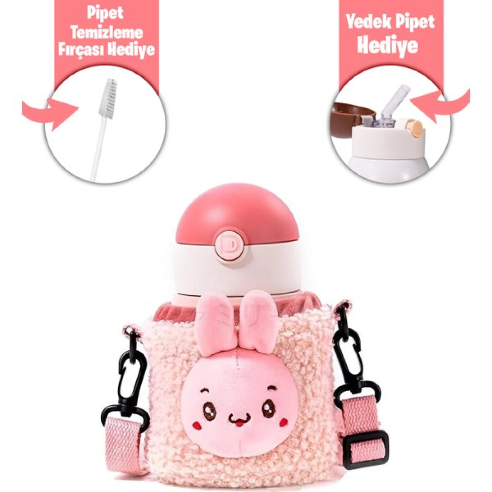 300 ML -Yedek Pipet Ve Temizleme Fırçası HEDİYELİ- Pipetli Peluş Kılıflı Taşıma Askılı Çelik Termos - Pembe Suluk Fiyatı