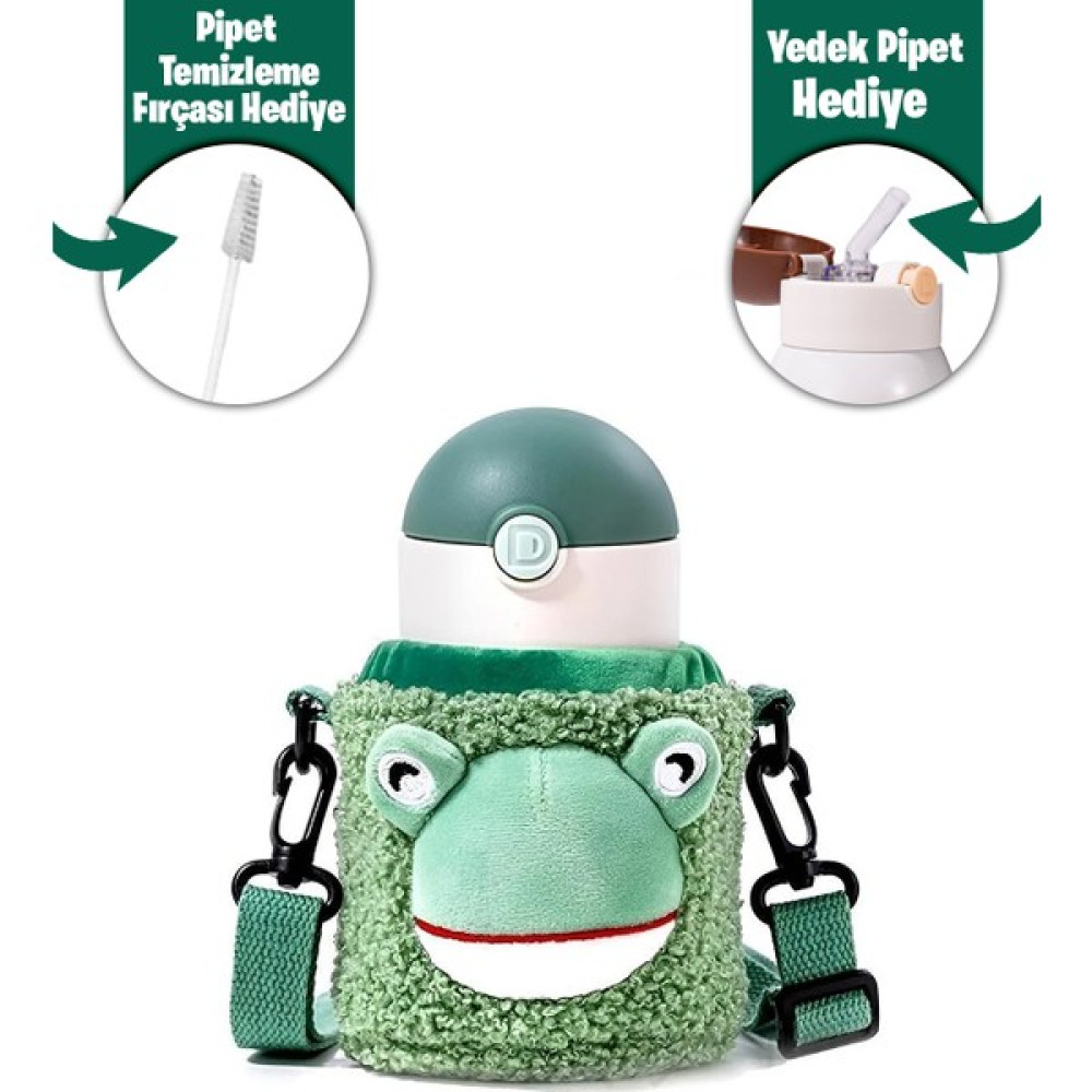 300 ML -Yedek Pipet Ve Temizleme Fırçası HEDİYELİ- Pipetli Peluş Kılıflı Taşıma Askılı Çelik Termos - Yeşil Suluk Fiyatı