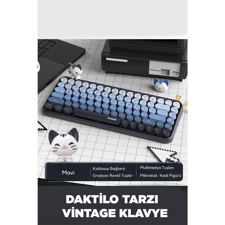 308I Çok Renkli Daktilo Tarzı Vintage Kablosuz Klavye - Mavi Kablosuz Klavye Fiyatı