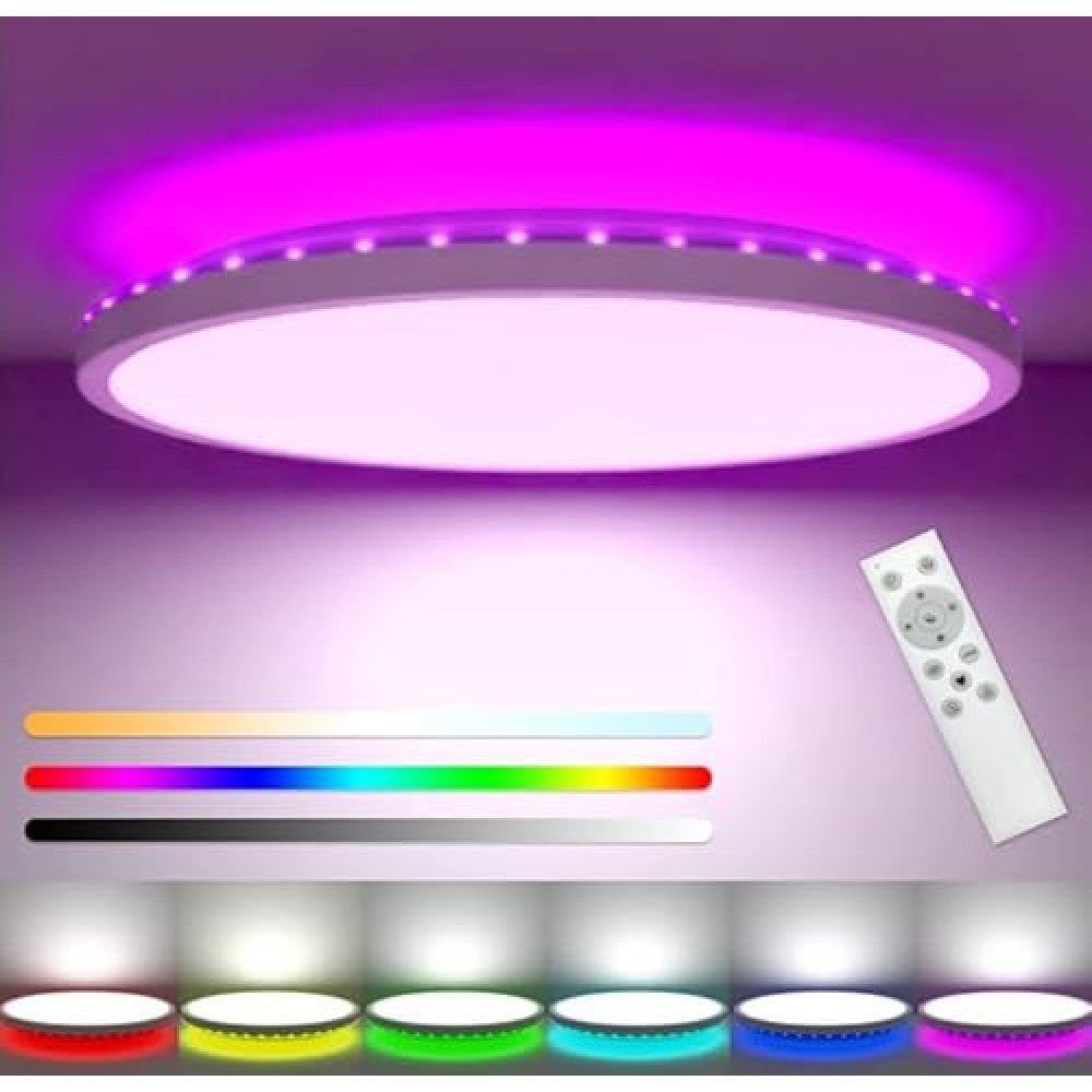 30CM LED Ceiling Light Dimmable, 24W 3200LM Bathroom Lights Ceiling with Remote Control, RGB Color Changing, 3000-6500K, Timer & Memory, Round Flush Ceiling Lamp for Bedroom Living Room Kitchen