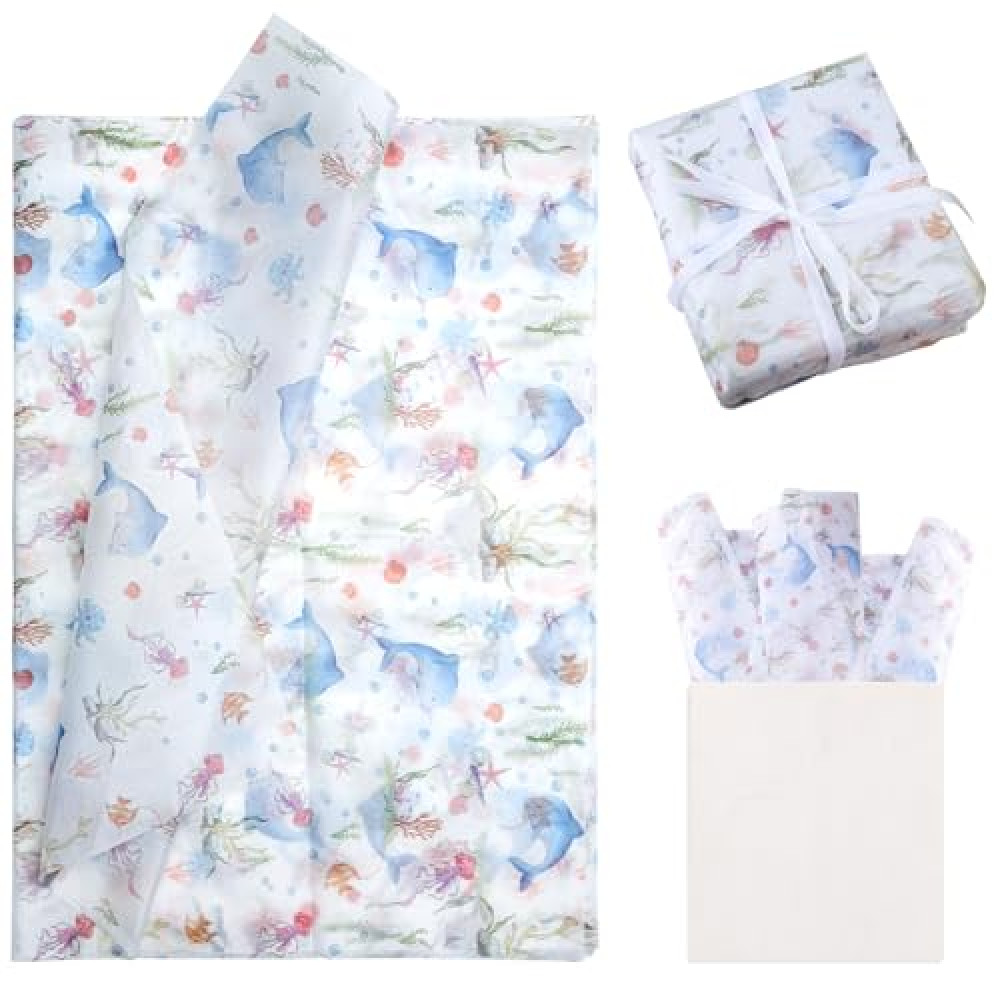 30pcs Ocean Themed Tissue Paper, Whale Starfish Shell Seaweed Sea Beach Art Soft Wrapping Paper for DIY Crafts Birthday Valentine Baby Shower Party Gift Bags