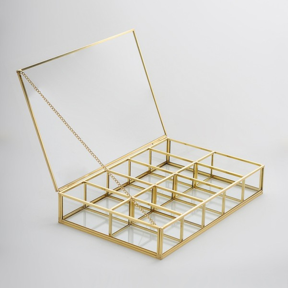30x20x6cm 10 Bölmeli Organizer Pirinç Cam Gold Takı Aksesuar Saat Kutusu - 30 x 20 x 6 cm Eşya Saklama Kutusu Fiyatı