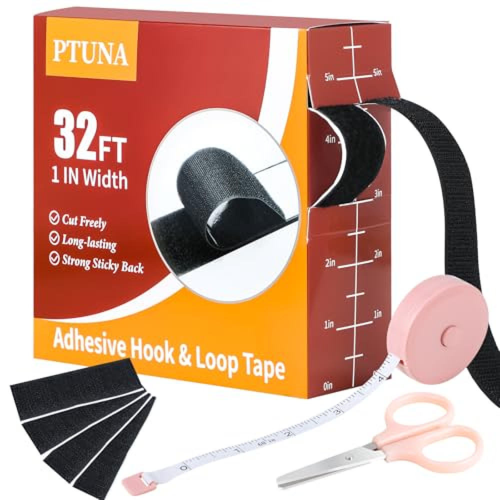 32Ft *1 Inch Hook and Loop Tape with Adhesive Back, Heavy Duty Double Sided Adhesive Strips, Strong Sticky Strips Roll for Home/Office/School/Car, Black