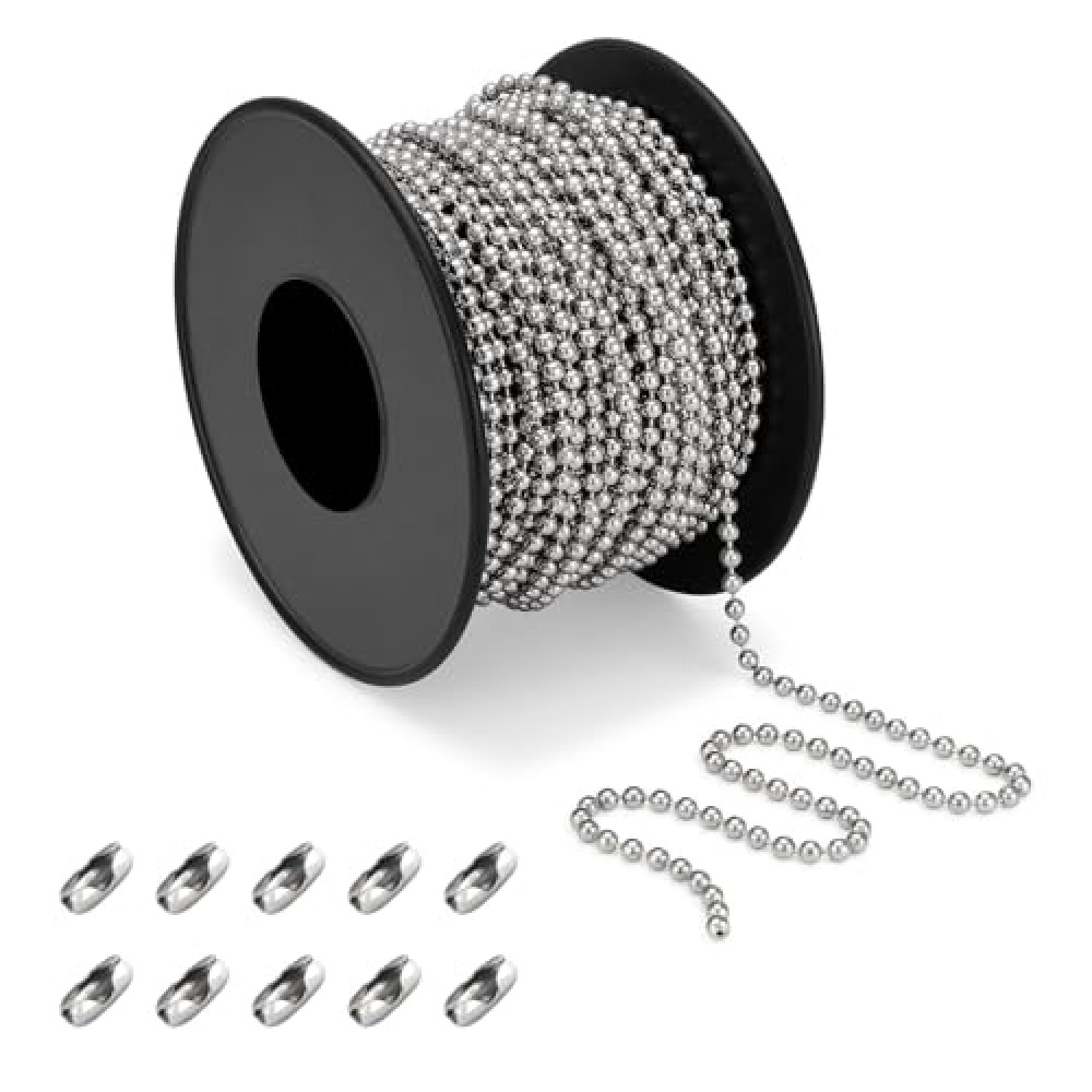 32ft length-304 Stainless Steel Ball Chain for Blinds & Shades with 10 Connectors, Fix or Replace for Broken Roller Shade Chain, Great for Vertical Window Blinds, Plumbing and Other DIY Applications