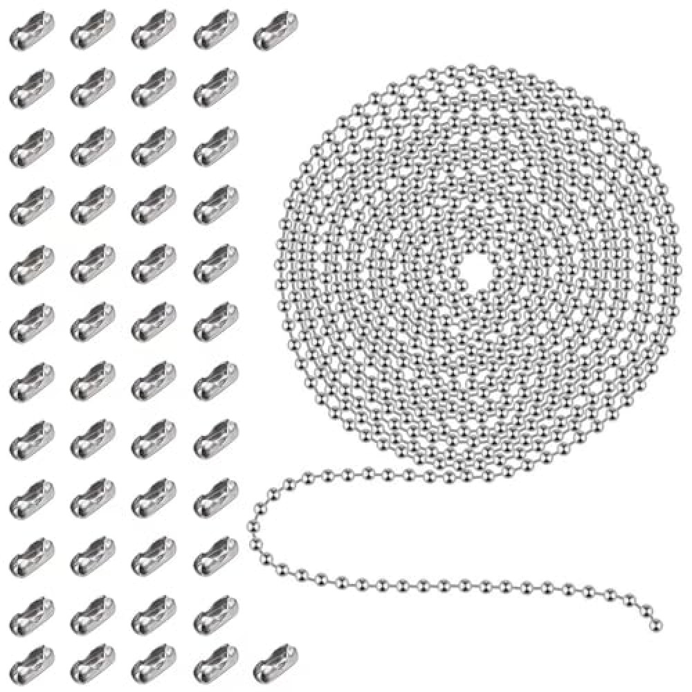 33Ft Ball Bead Chains, 3.2mm 304 Diameter Stainless Steel Chain with 50 PCS Connectors for Jewelry Chain DIY Craft Making, Necklace, Hanging Ornament, Key Chain, Dog Tag Chain
