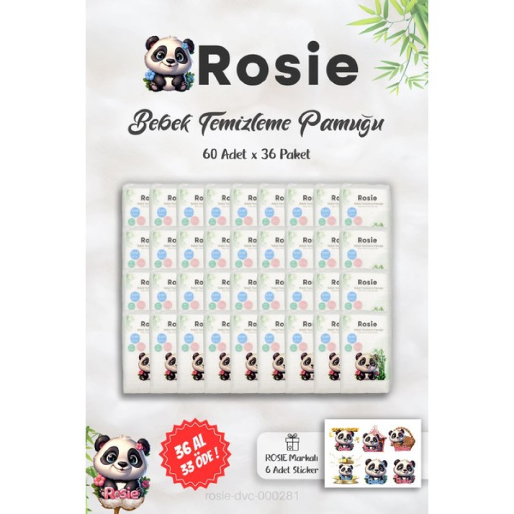 36 Al 33 Öde Rosıe %100 Doğal Bebek Temizleme Pamuğu 60'lı ve Rosıe Sticker Bebek Kulak Çubuğu Fiyatı