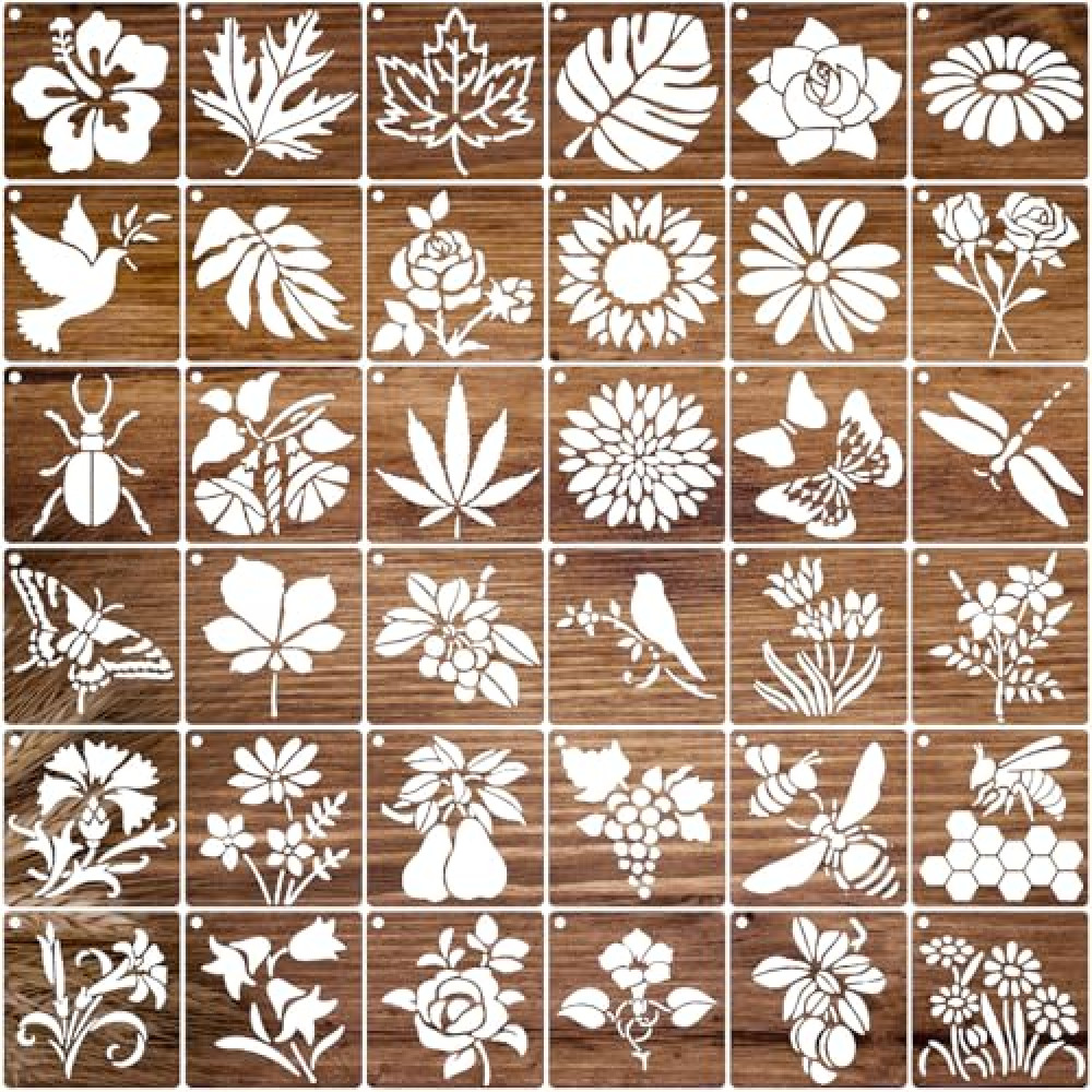 36 Pcs Flower Stencils for Painting - Reusable Floral Animal Stencils Nature Leaf Painting Templates for Scrapbooking Drawing Wood Wall Card Fabric DIY Crafts Decor (36 PCS Flower (5X5"）)