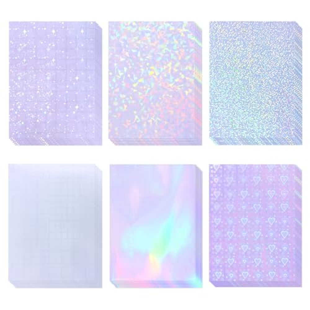 36 Sheets Holographic Laminate Sheets Transparent Holographic Sticker Paper Self Adhesive laminating sheets Clear Vinyl Waterproof Holographic Overlay for Sticker Pape, 8.5x11 inch 6 Patterns