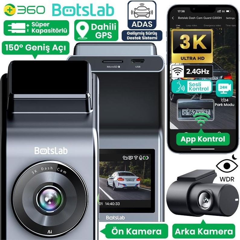 360+ Botslab G300H Pro Adas 3k Ön+Arka Wifi+Gps 150° Geniş Açı Gece Görüşlü Araç Içi Kamera Dash Cam Araç Kamerası+Wdr+Lcd Ekran+G-Sensör+Sesli Kon... Diğer Fiyatı