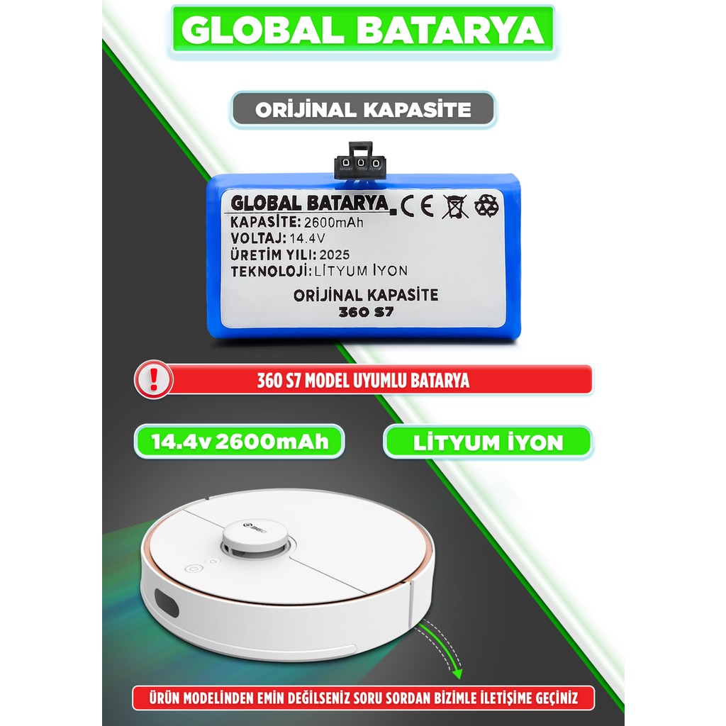 360 S7 Akıllı Robot Süpürge Bataryası 14.4V 2600MAH Li-ion Pil Robot Süpürgeler Fiyatı