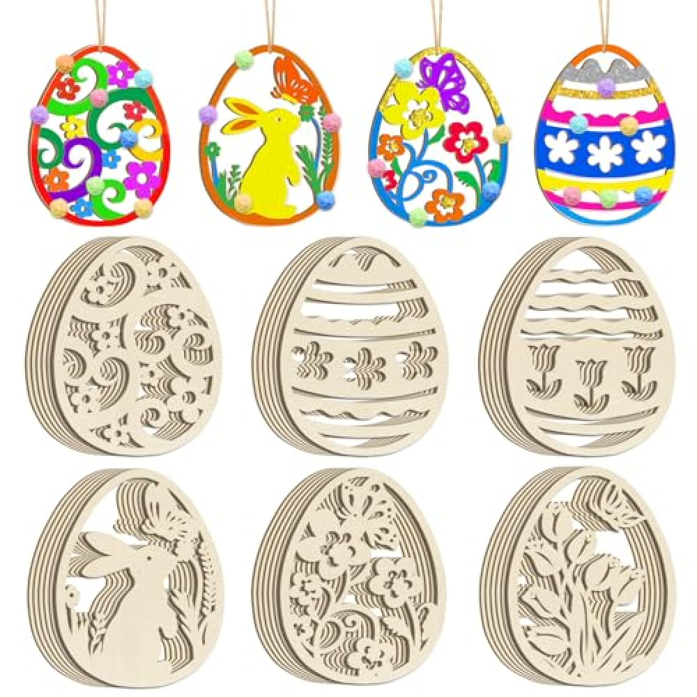 36PCS Wooden Easter Ornaments to Paint, 6 Styles DIY Blank Unfinished Wood Egg Cutouts Ornament for Crafts Hanging Decorations Happy Easter Hallow Egg Rabbit Bunny Butterfly Flower Hen