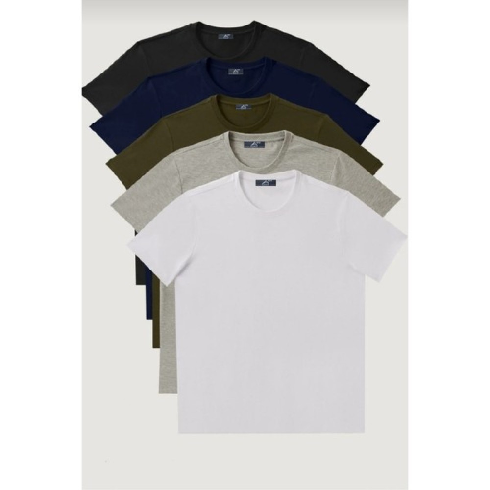 3A Moda Erkek Beyaz-Lacivert-Siyah-Haki-Gri Melanj Slim Fit Bisiklet Yaka Pamuk 5'li Tişört Paketi Erkek T-shirt Fiyatı