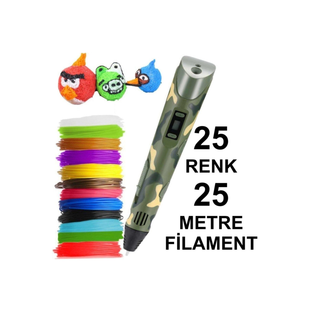 3D Kamuflaj Kalem Yazıcı+25 Renk 25 Metre(25x1metre)pla Filament Teknik Çizim ve Grafik Kalemi Fiyatı