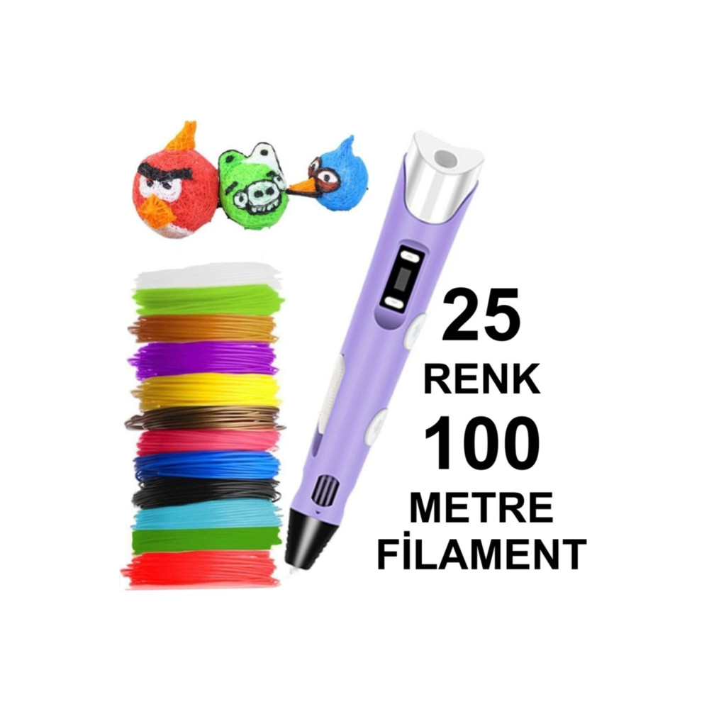 3D Mor Kalem Yazıcı+25 Renk 100 Metre (25x4metre) Pla Filament Teknik Çizim ve Grafik Kalemi Fiyatı