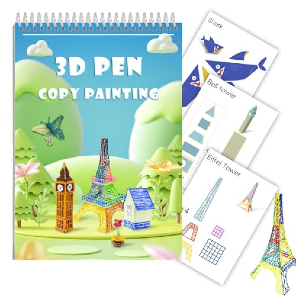3D Printing Pen Drawing Book Spiral Bound with Transparent Template, 40 Patterns Reusable Painting Graffiti Template, Ideal DIY Gift for Kids Include Animal Transportation House Building Food