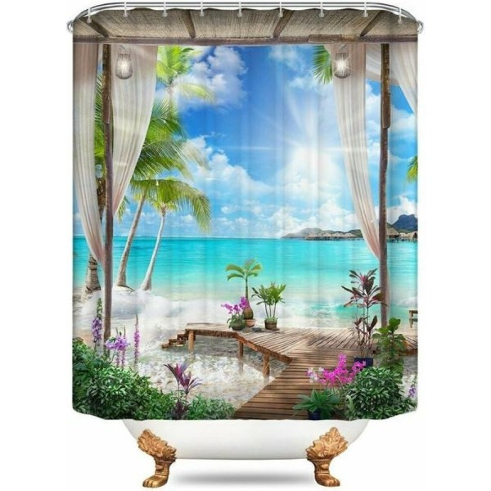 3D Sunny Beach Baskılı Duş Perdesi Set Deniz Manzarası Banyo Ekranı Su Geçirmez Banyo Perdeleri Kaymaz Banyo Mat Kaidal Halı (120 * 180 Cm) - Renkli Duş / Banyo Perdesi Fiyatı