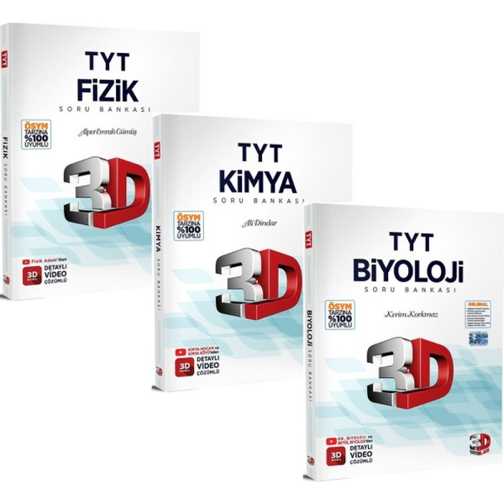 3D Yayınları TYT 2023 Fizik+Kimya+Biyoloji Soru Bankası Seti (Ciltli) Temel Yeterlilik Testi (TYT) Fiyatı