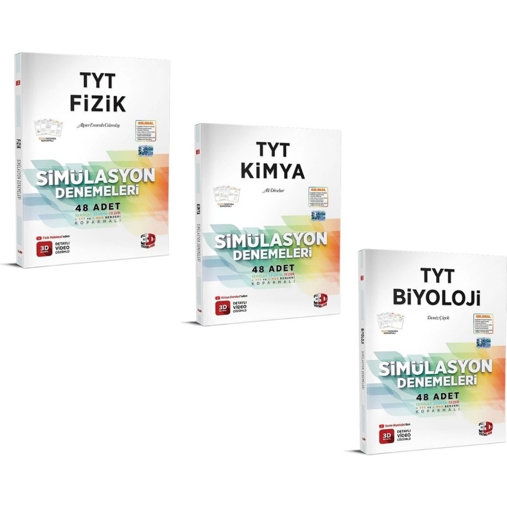 3D Yayınları Tyt Fizik Kimya Biyoloji Simülasyon Denemeleri Fen Bilimleri Set Temel Yeterlilik Testi (TYT) Fiyatı