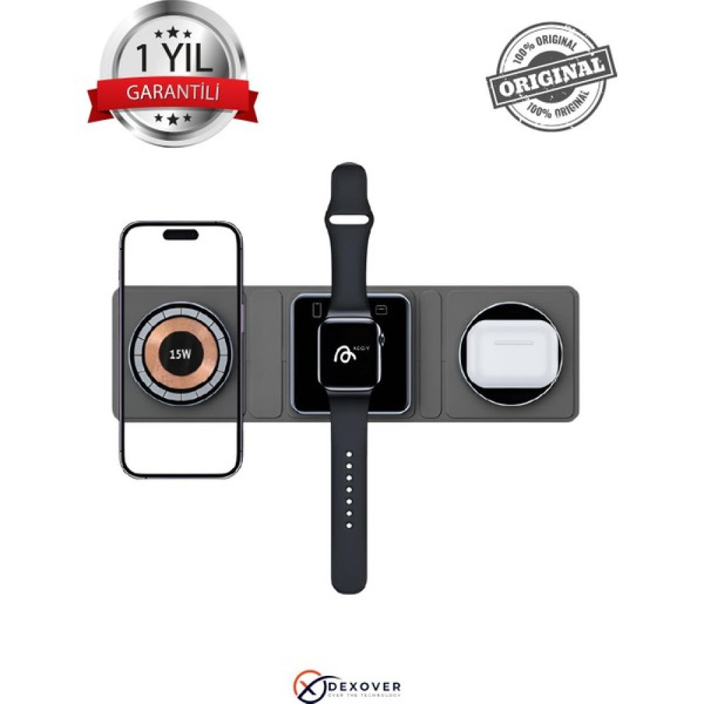 3in1 15w Çoklu Kablosuz Wireles Magsafe Kulaklık Saat Ve Telefon Şarjı Apple Watch İphone Samsung Tüm Modelleri ile Uyumlu AG-W12 - Siyah Taşınabilir Şarj Cihazı - Powerbank Fiyatı