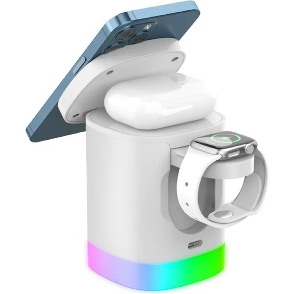 3in1 15W iPhone Airpods Watch Kablosuz Şarj Cihazı Rgb Işıklı T15 - Beyaz Cep Telefonu Kablosu Fiyatı