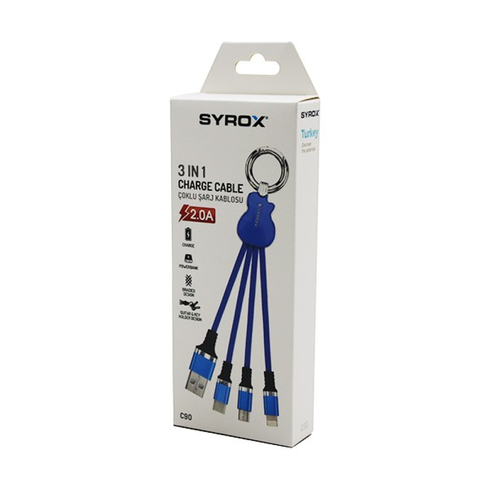 3in1 Çoklu Iphone - Typc-E - Mıcro USB Örgülü Şarj Kablosu 2.0A C90 (4453) Cep Telefonu Şarj Cihazı Fiyatı
