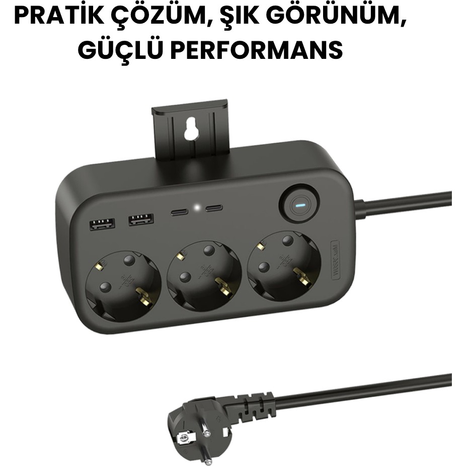 3’lü Akım Korumalı Priz | 2 USB + 2 Type-C Girişli | Anahtarlı ve Duvara Monte Edilebilir Uzatma Kablosu – Siyah Bilgisayar Çevirici ve Adaptörü Fiyatı
