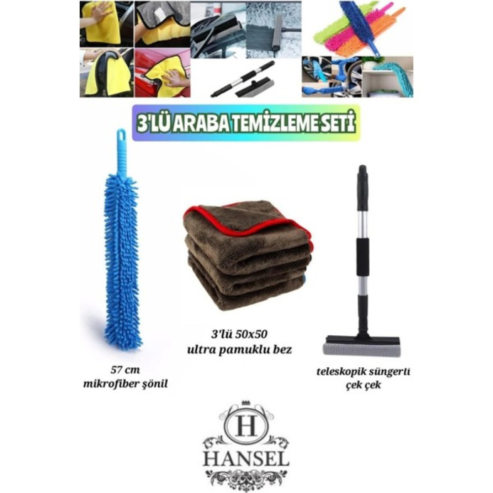 3'lü Araba Temizleme Seti Mikrofiber Şönil - 3'lü 50X50 Ultra Pamuklu Bez- Teleskopik Çek Çek - 1 lt Temizlik Malzemeleri Fiyatı