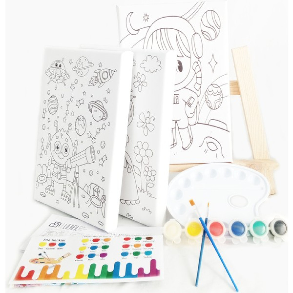 3'lü Çocuk Ressam Seti - 3 Adet 20 x 30 cm Önçizimli Tuval, 2 Adet Fırça, Palet, Boyalar ve Şövale Eğitici Oyuncak Fiyatı