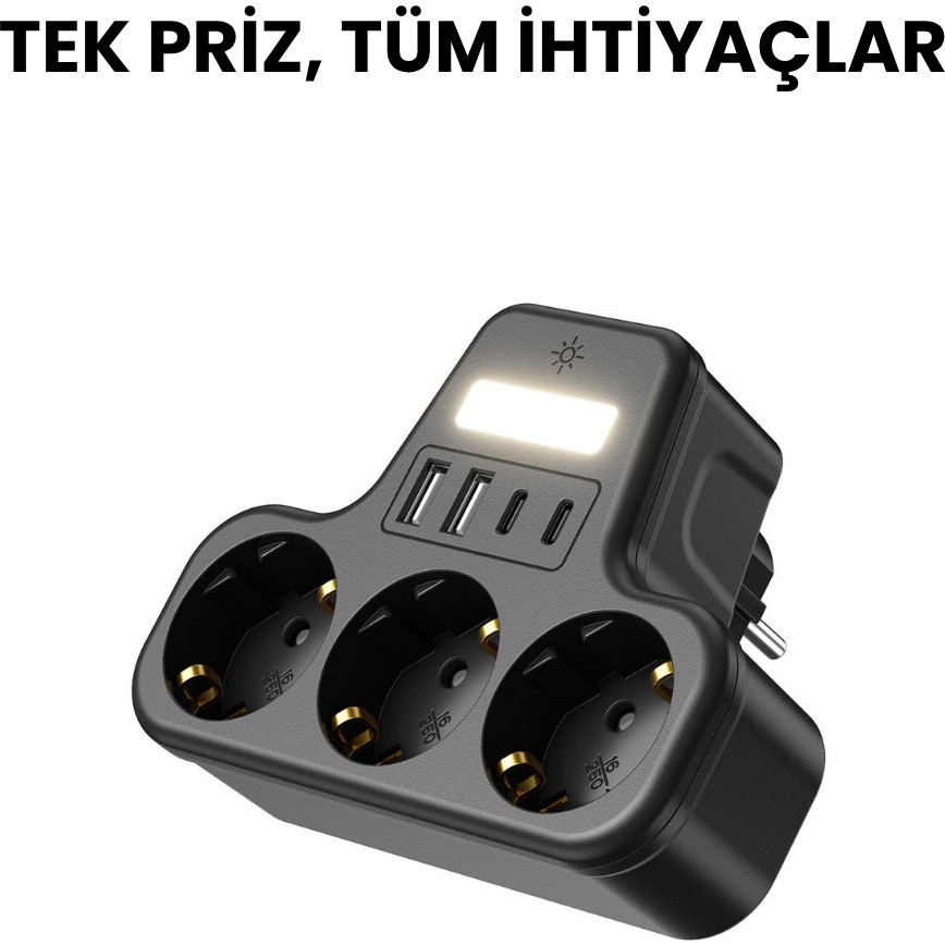 3’lü Duvar Tipi Akım Korumalı Priz | 2 Usb-A + 2 Type-C Girişli | LED Gece Lambalı Akıllı Çoklu Priz - Siyah Bilgisayar Çevirici ve Adaptörü Fiyatı